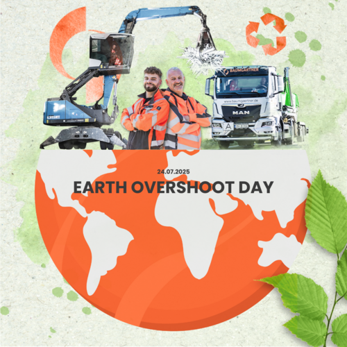 Recyclingaktion zum Earth Overshoot Day Zwei Mitarbeiter in orangefarbener Warnkleidung stehen vor Recyclingfahrzeugen; im unteren Teil eine stilisierte Weltkugel mit dem Text „Earth Overshoot Day“.