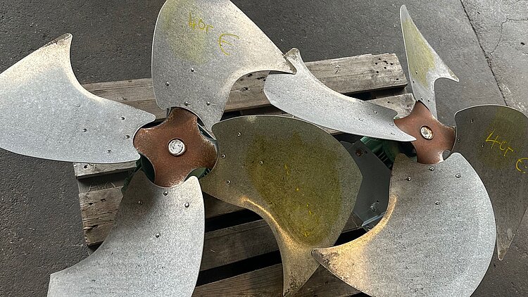 Gebrauchte Ventilatorflügel auf Palette Zwei große, gebrauchte Industrieventilator-Flügel mit Rostspuren liegen auf einer Palette auf Asphaltboden.